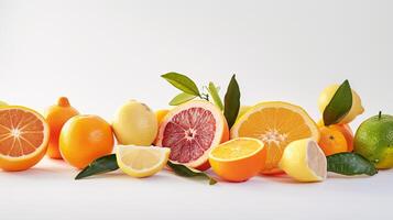 A bountiful selection of fresh, vibrant fruits are scattered artfully on the pristine white background photo