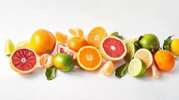 A bountiful selection of fresh, vibrant fruits are scattered artfully on the pristine white background photo