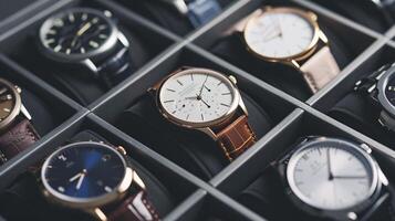 A collection of stylish wristwatches, arranged in a pattern, showcases the elegance of timepieces photo