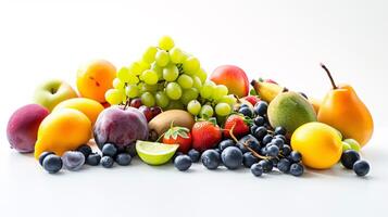 A bountiful selection of fresh, vibrant fruits are scattered artfully on the pristine white background photo