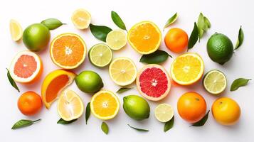 A bountiful selection of fresh, vibrant fruits are scattered artfully on the pristine white background photo