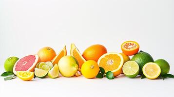 A bountiful selection of fresh, vibrant fruits are scattered artfully on the pristine white background photo