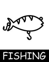 Catch, fish, fisherman icon. Fishing rod, hook, bait, float, underwater creatures, landscape, simplicity, silhouettes, relaxation in nature, fresh air, hobby. Concept of fishing, useful recreation. vector