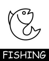 Catch, fish, fisherman icon. Fishing rod, pisces, bait, underwater creatures, landscape, simplicity, silhouettes, relaxation in nature, fresh air, hobby. The concept of fishing, useful recreation. vector