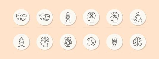 Mood icon set. Theater masks, smile, anger, yin yang, man, brain, fire, meditation, silhouette, sentiment care, patch, restoration, pastel. Controlling your condition concept. line icon. vector