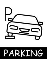 Parking, car on side of road icon. Vehicle management, convenient transport solutions, silhouette, automobile, mechanism, equipment, vehicle, parking place. Concept of providing car park services. vector