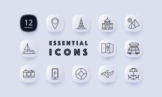 Travel set icon. Sights, geolocation, castle, pyramids, sun, tourism, Eiffel Tower, map, location, culture, yacht, plane, camera, search, phone, car, recreation, entertainment. Neomorphism style. vector