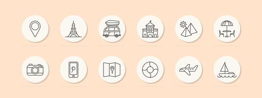 Travel set icon. Sights, geolocation, castle, pyramids, sun, tourism, Eiffel Tower, map, location, culture, yacht, plane, camera, search, phone, car, recreation, entertainment. line icon. vector