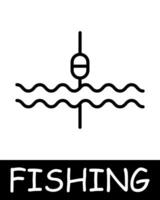 Catch, fish, fisherman icon. Fishing rod, hook, bait, float, underwater creatures, landscape, simplicity, silhouettes, relaxation in nature, fresh air, hobby. Concept of fishing, useful recreation. vector