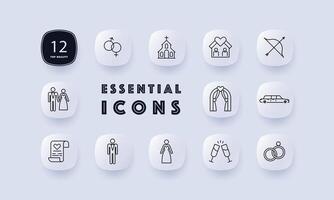 Wedding icon set. Document, wine, sex, glasses, church, heart, wife, wedding dress and suit, man, groom, house, limousine, bow, marriage certificate, altar. Marriage concept. Neomorphism style. vector