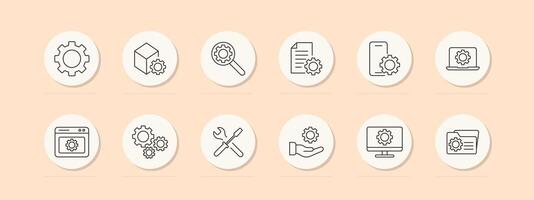 Setting icon set. Gear, website, tuning, hand, proposal, mechanism, configuration, screwdriver, wrench, tools, laptop, file, folder, monitor, phone, adjustment, optimization. line icon. vector