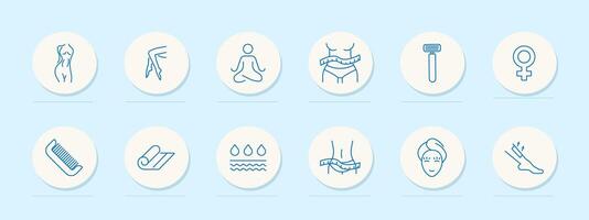 Female beauty set icon. Female legs and figure, silhouette, meditation, liquid, skin, razor, ruler, comb, towel, hair removal, beauty, blue colors. Self care concept. line icon. vector