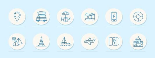 Travel set icon. Sights, geolocation, castle, pyramids, sun, tourism, Eiffel Tower, map, location, culture, yacht, plane, camera, search, phone, car, recreation, entertainment. line icon. vector