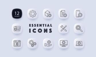 Setting icon set. Gear, website, tuning, hand, proposal, mechanism, configuration, screwdriver, wrench, tools, laptop, file, folder, monitor, phone, adjustment, optimization. Neomorphism style. vector