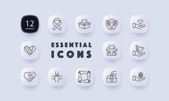 Donations icon set. Ribbon, fight cancer, hands, heart, offer, box, support, gradient, house, teamwork, bird, money, support. The concept of good nature and helping others. Neomorphism style. vector