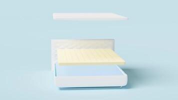 3d layered sheet material mattress with air fabric, pocket springs, natural latex, memory foam isolated on blue background. 3d render illustration video