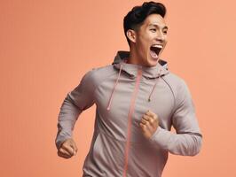 Asian man dressed in sportswear clearly active and full of energy photo