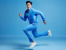 asiático hombre vestido en ropa de deporte claramente activo y lleno de energía foto