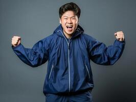 Asian man dressed in sportswear clearly active and full of energy photo