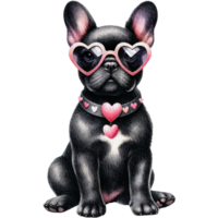 Black French Bulldog dog wearing heart-shaped sunglasses-sitting png