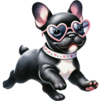 Black French Bulldog dog wearing heart-shaped sunglasses-run png