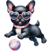 Black French Bulldog dog wearing heart-shaped sunglasses-play ball png