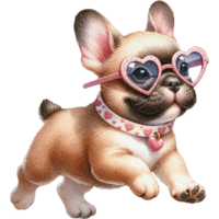 Fawn French Bulldog dog wearing heart-shaped sunglasses-happy run png