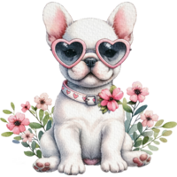White French Bulldog dog wearing heart-shaped sunglasses-bush png