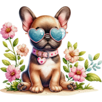 Fawn French Bulldog dog wearing heart-shaped sunglasses-bush png