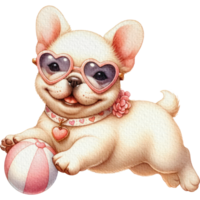 Cream French Bulldog dog wearing heart-shaped sunglasses-play ball png