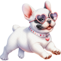 branco francês buldogue cachorro vestindo em forma de coração feliz com óculos de sol corre png