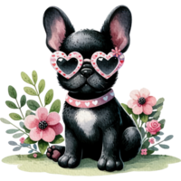 svart franska bulldogg hund bär hjärtformade solglasögon-buske png