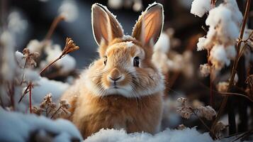 Little rabbit animal on winter snow holiday photo