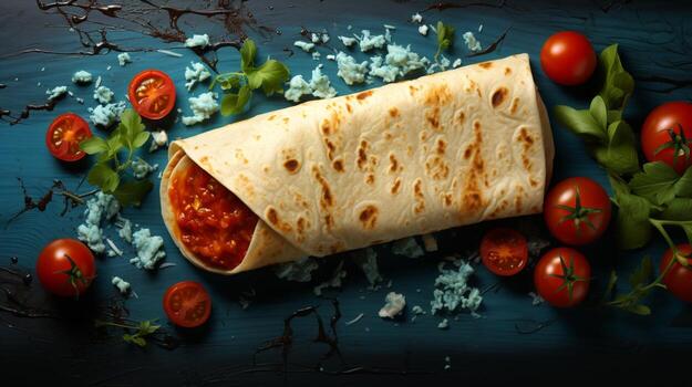 tortilla envolver tomate carne comida plano un pan foto