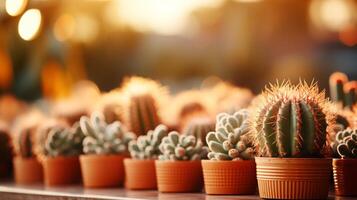 Cactus succulent pot on table warm sun light house decoration photo