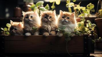 Cat triplet house with fur long hair seeing on window photo