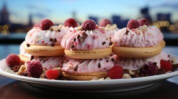 Ice cream bowl strawberry frozen dessert on summer fresh creamy gelato photo