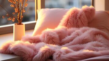 Cozy bedroom pink with knit blanket comfort warm light winter photo