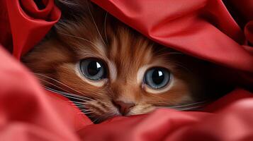 Baby cat wearing red veil funny kitten playful little paw photo