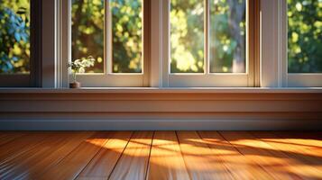 Wooden floor and window in golden hours shine light silhouette photo