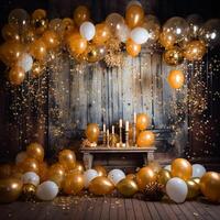 Gold and white balloons with gold confetti falling down over black background. New Year, birthday or wedding celebration generated.AI photo