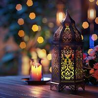 Beautiful eid or ramadan Mubarak Islamic lantern background generated.Ai photo