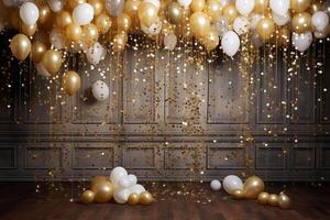 Gold and white balloons with gold confetti falling down over black background. New Year, birthday or wedding celebration generated.AI photo