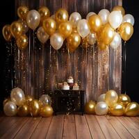 Gold and white balloons with gold confetti falling down over black background. New Year, birthday or wedding celebration generated.AI photo