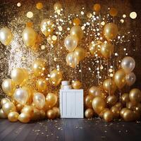 Gold and white balloons with gold confetti falling down over black background. New Year, birthday or wedding celebration generated.AI photo