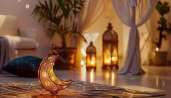 Beautiful eid or ramadan Mubarak Islamic lantern background generated.Ai photo