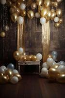 Gold and white balloons with gold confetti falling down over black background. New Year, birthday or wedding celebration generated.AI photo
