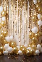 Gold and white balloons with gold confetti falling down over black background. New Year, birthday or wedding celebration generated.AI photo