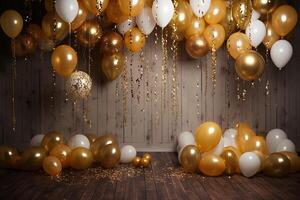 Gold and white balloons with gold confetti falling down over black background. New Year, birthday or wedding celebration generated.AI photo