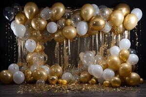 Gold and white balloons with gold confetti falling down over black background. New Year, birthday or wedding celebration generated.AI photo